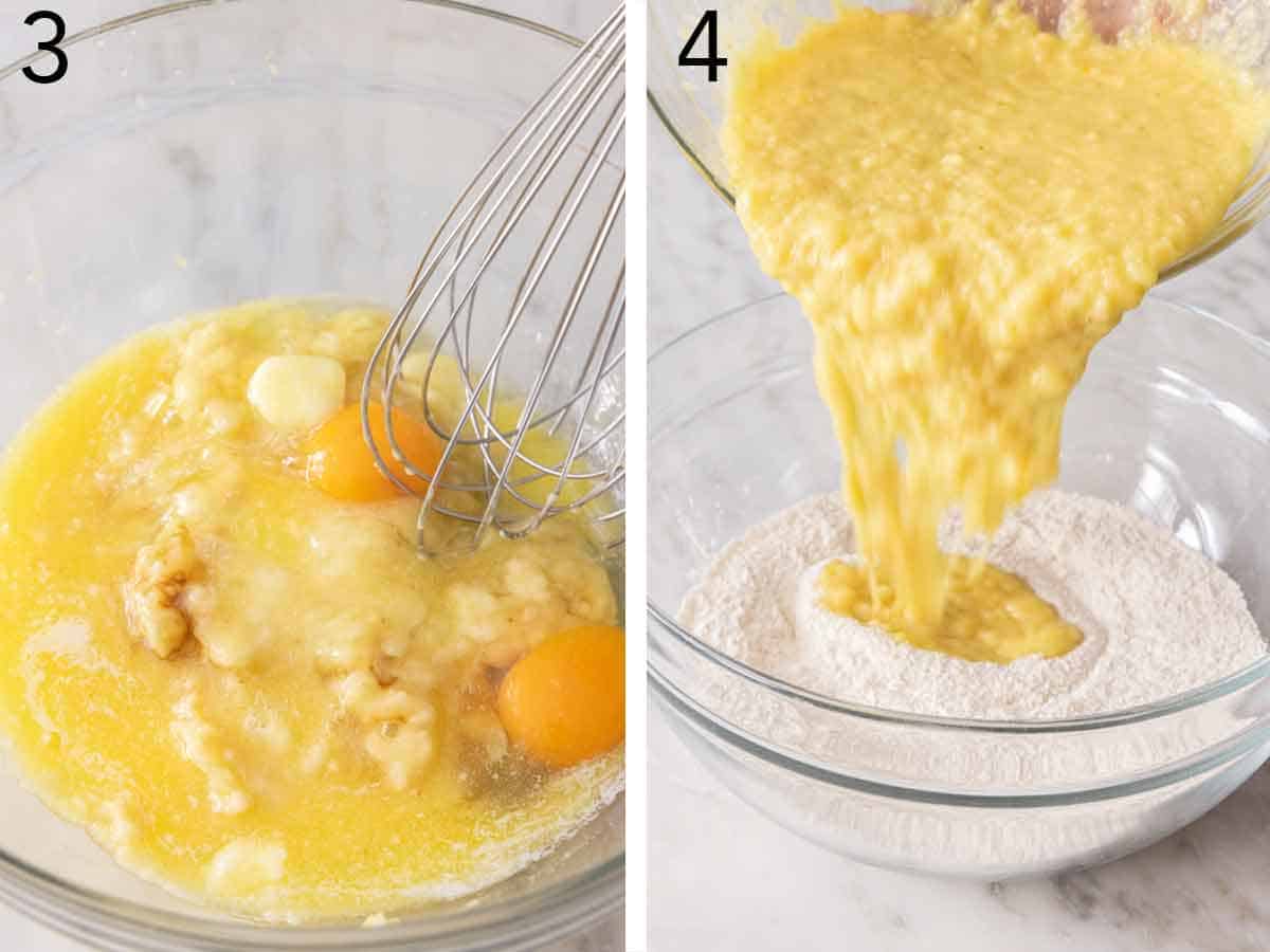 Set of two photos showing wet ingredients whisked and added to dry ingredients.