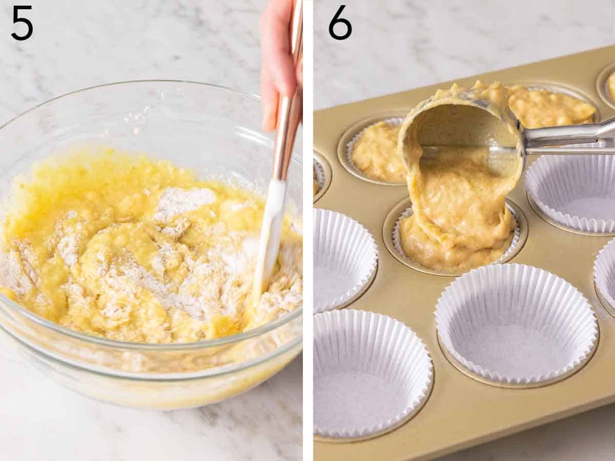 Set of two photos showing batter mixed and added to paper liners.