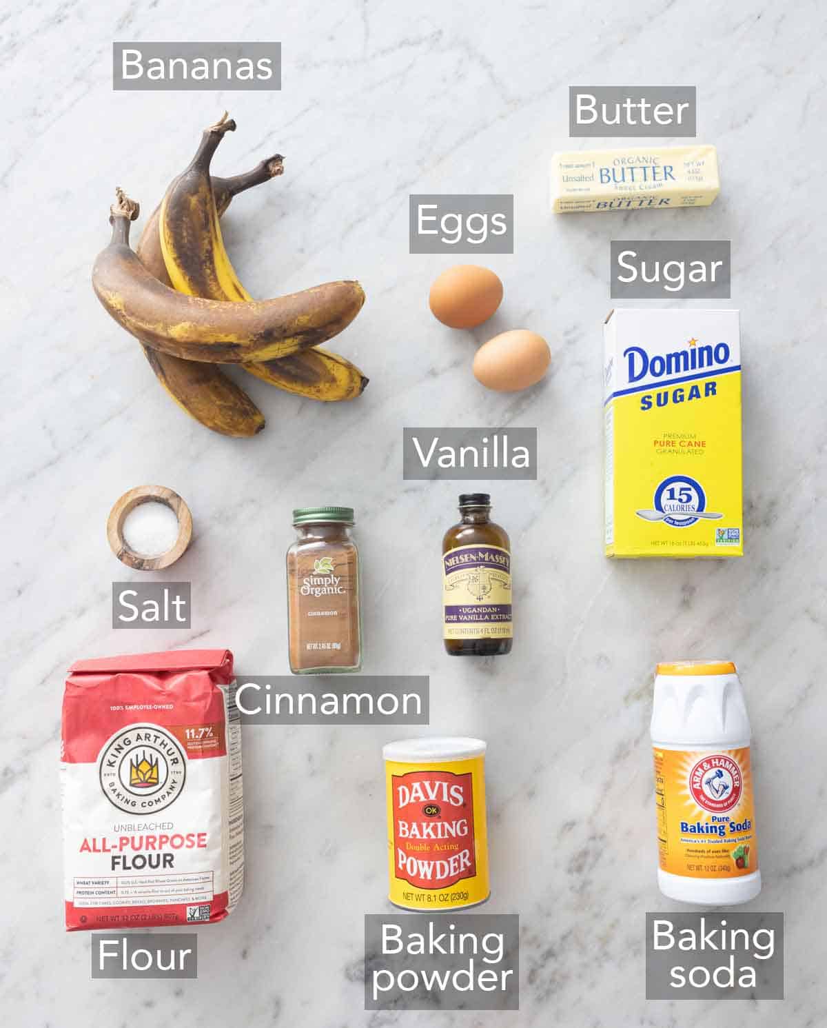 Ingredients needed for banana muffins.