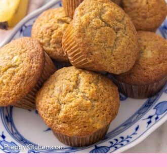 Pinterest graphic of a platter of banana muffins.