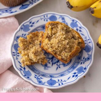 Pinterest graphic of a plate with a banana muffin, cut opened.