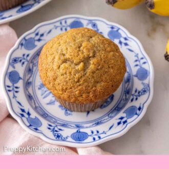 Pinterest graphic of a plate with a banana muffin.