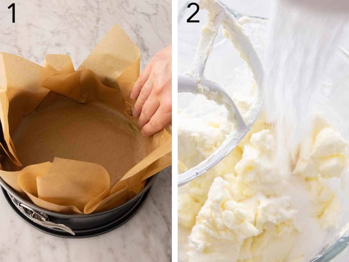 Set of two photos showing a pan being lined and sugar added to cream cheese.