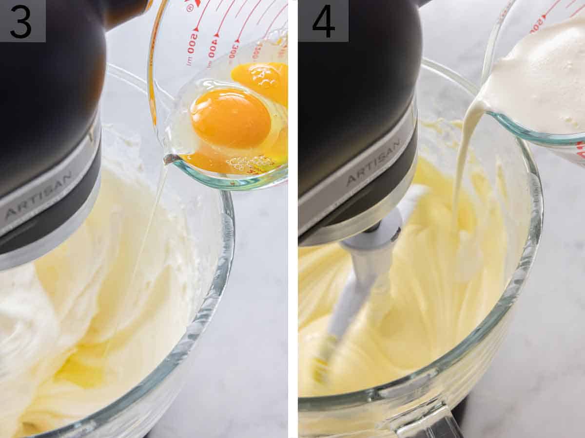 Set of two photos showing eggs and cream added to the mixer.