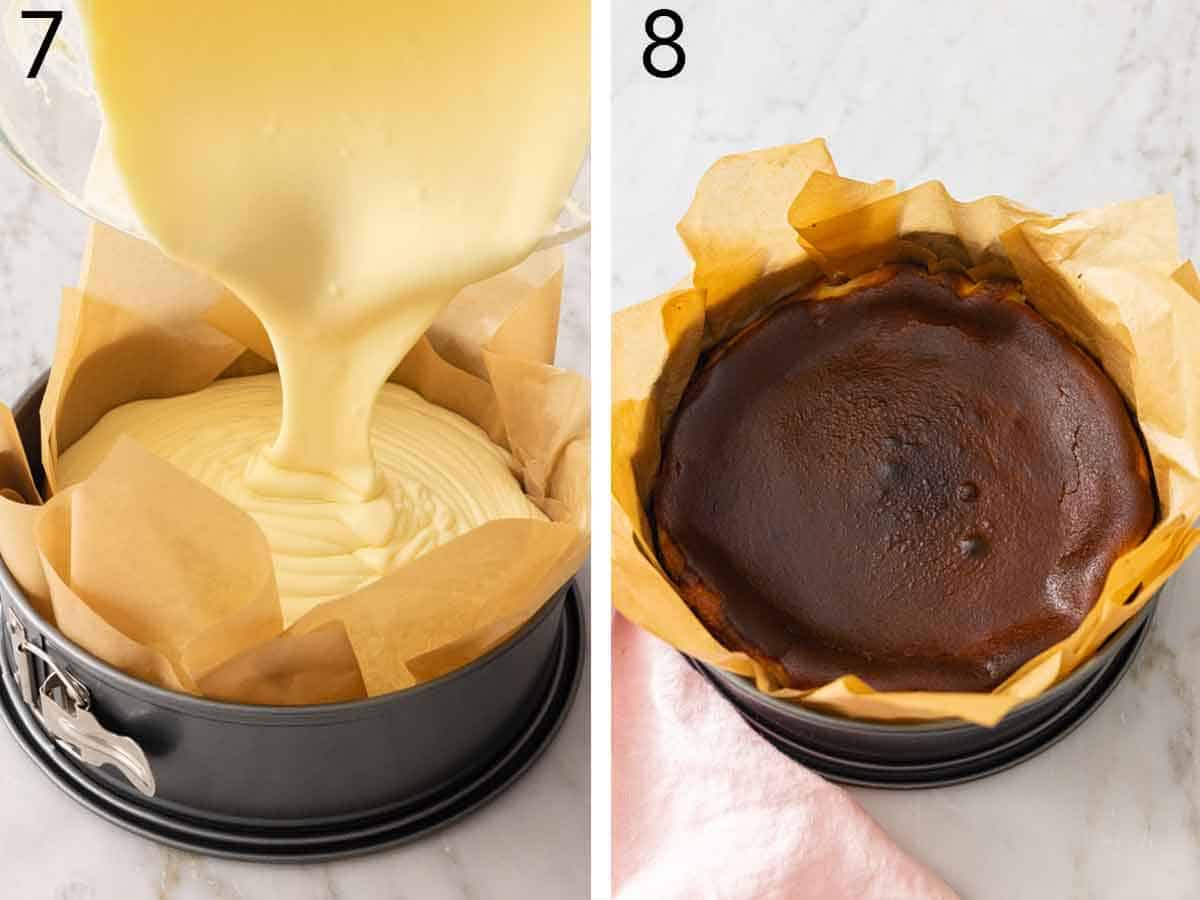Set of two photos showing batter poured into the lined pan and baked.