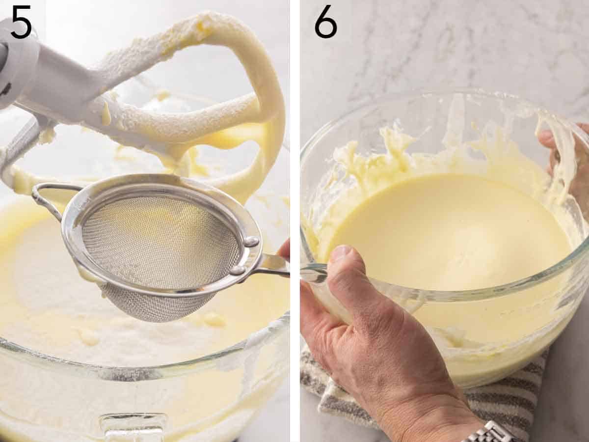 Set of two photos showing flour sifted into the batter then tapped to pop air bubbles.