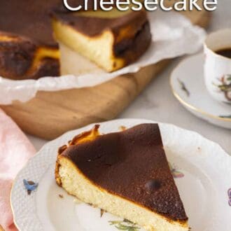 Pinterest graphic of a slice of basque cheesecake on a plate.