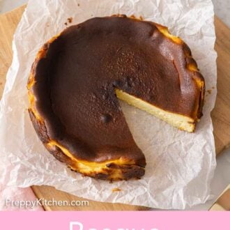 Pinterest graphic of a basque cheesecake with a slice cut out on a parchment lined board.