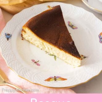 Pinterest graphic of a slice of basque cheesecake on a plate.