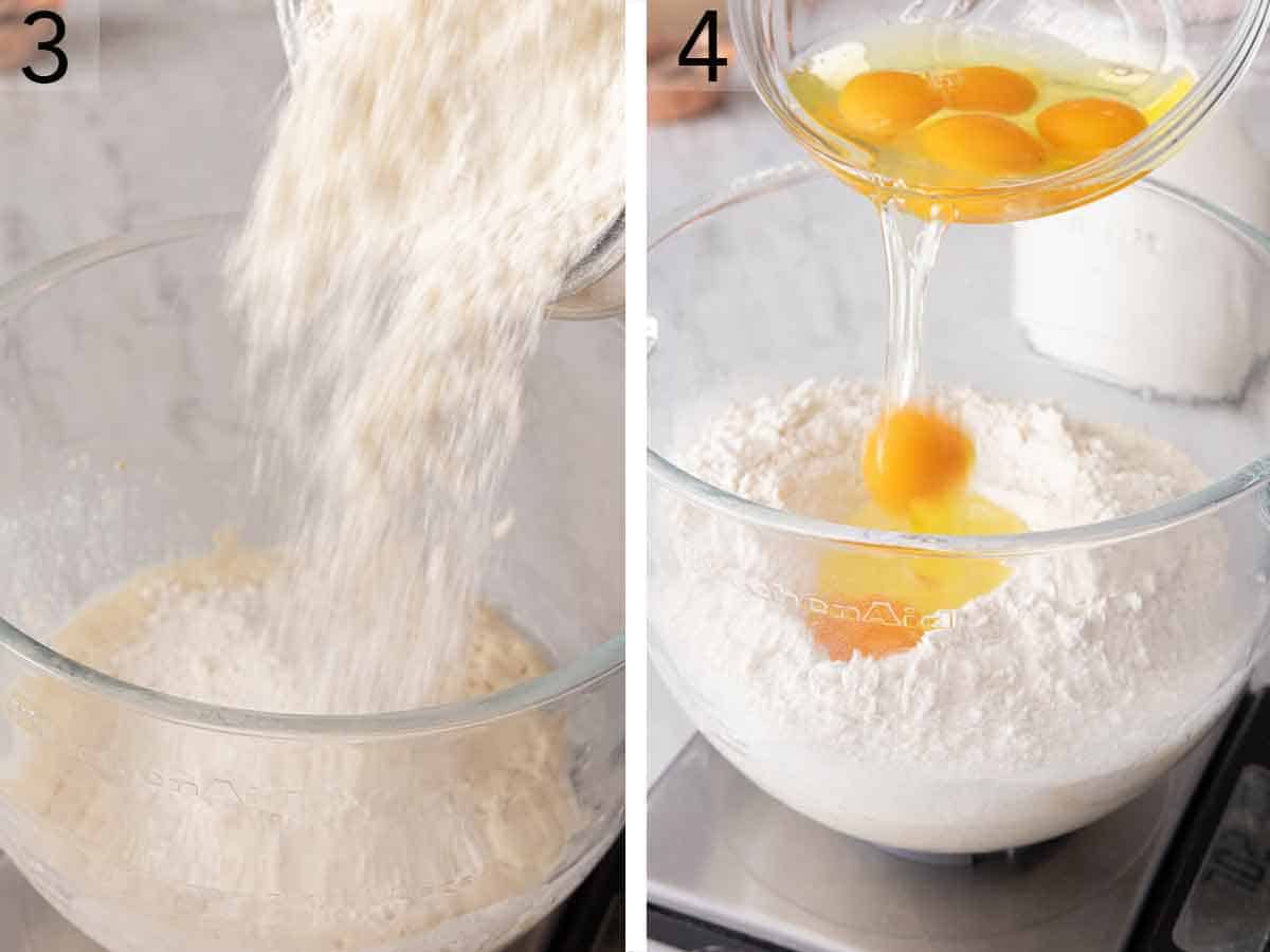 Set of two photos showing dry ingredients and eggs added to yeast.
