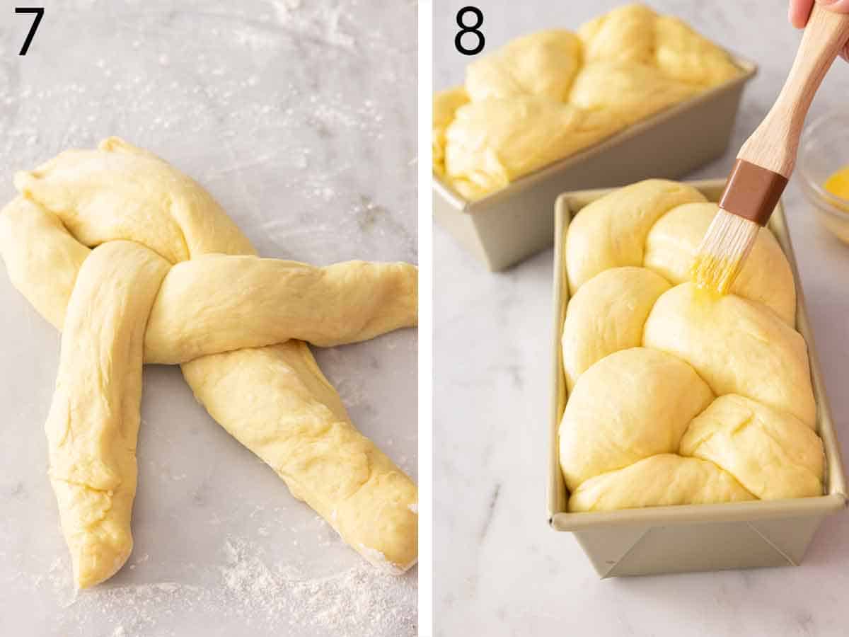 Set of two photos showing dough braided and brushed with egg wash.