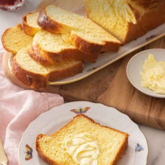 Pinterest graphic of a plate with a slice of buttered brioche bread.