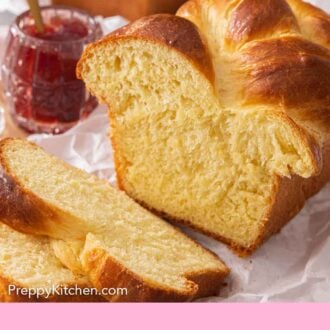Pinterest graphic of a loaf of sliced brioche bread.