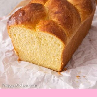 Pinterest graphic of a loaf of brioche bread.