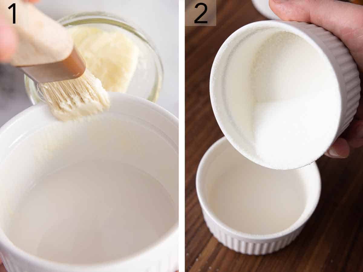 Set of two photos showing a ramekin greased and coated with sugar.