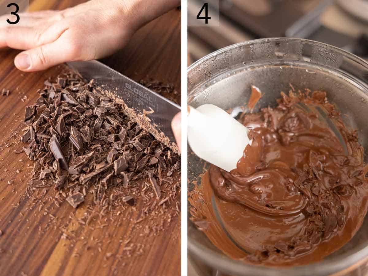 Set of two photos showing chocolate chopped and melted.