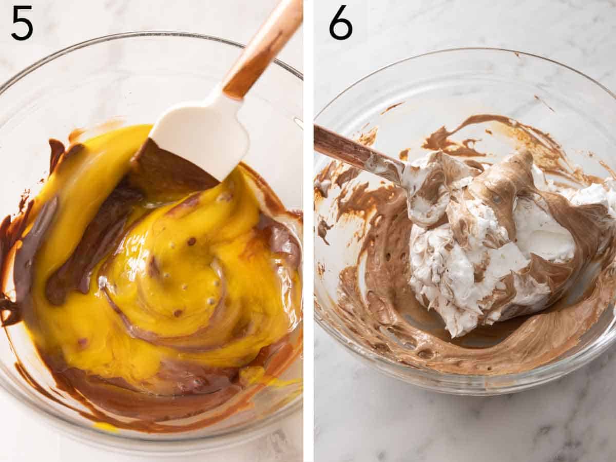 Set of two photos showing egg yolks then whipped whites mixed into the batter.