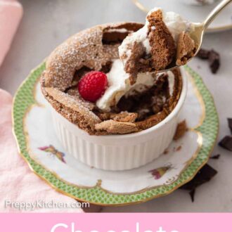 Pinterest graphic of a spoonful of chocolate souffle lifted from the ramekin.