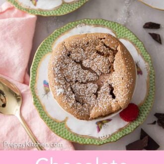 Pinterest graphic of an overhead view of a chocolate souffle with powdered sugar on top.