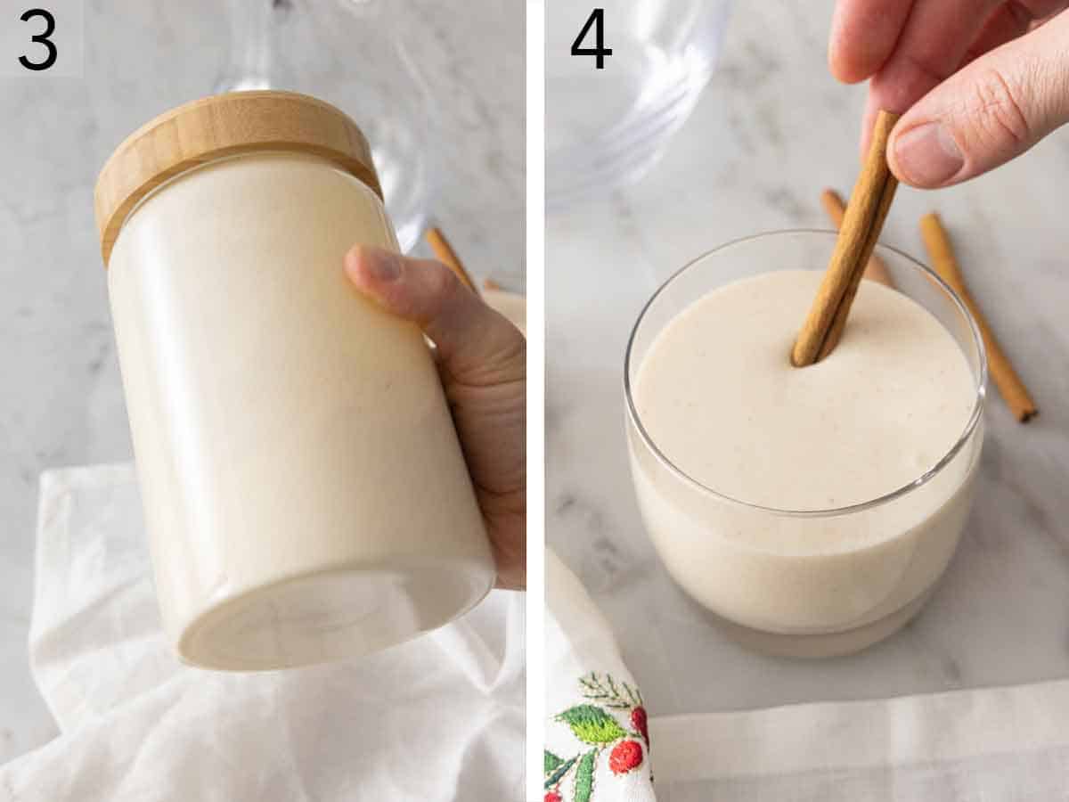 Set of two photos showing the drink in a jar and poured into a glass with a cinnamon stick.