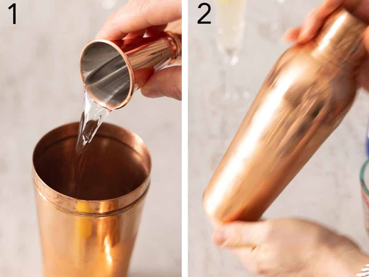Set of two photos showing ingredients added to a cocktail shaker and shook.