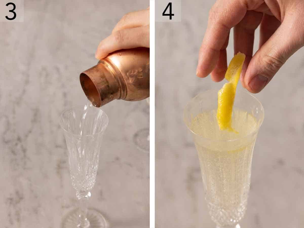 Set of two photos showing liquids strained from a shaker and then garnished with a lemon peel.