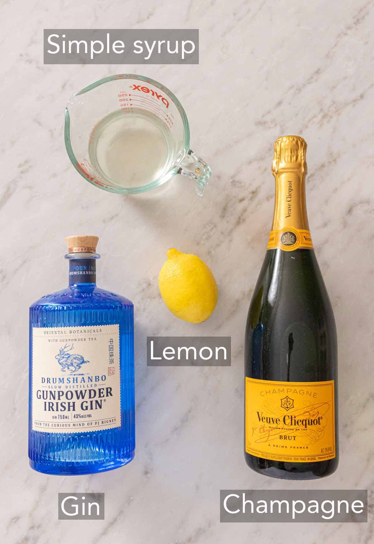 Ingredients needed to make a French 75 cocktail.