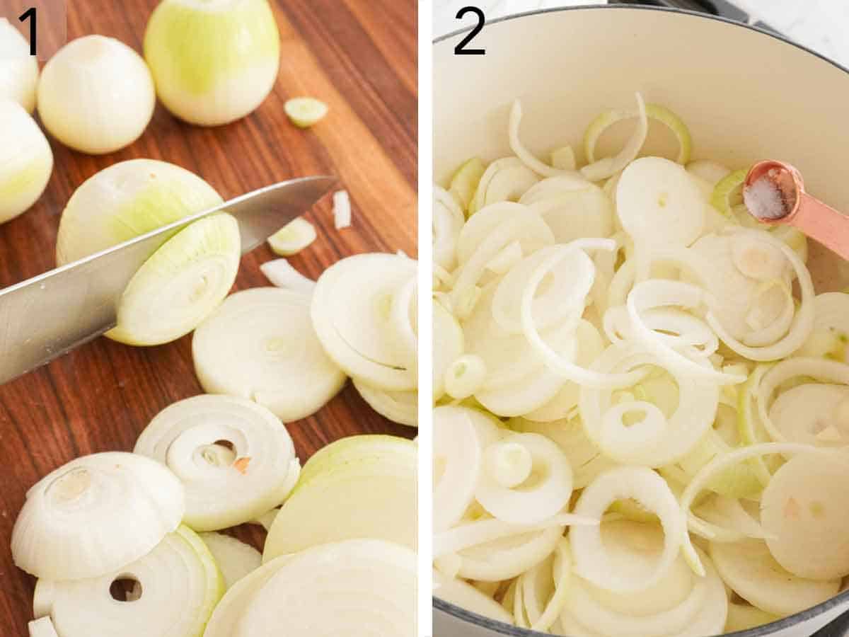 Set of two photos showing onions sliced and added to a pot with salt.