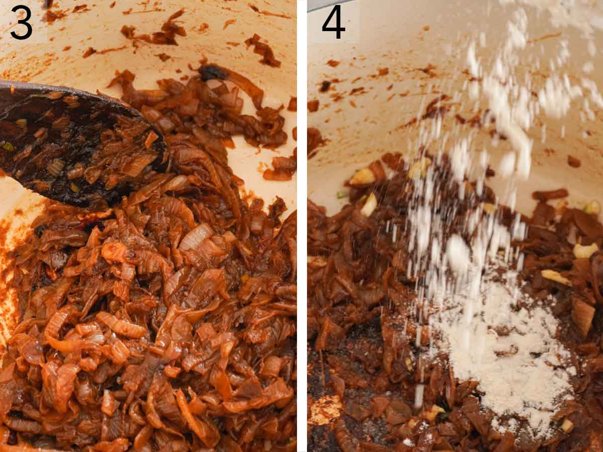 Set of two photos showing onions browned and flour added to them.