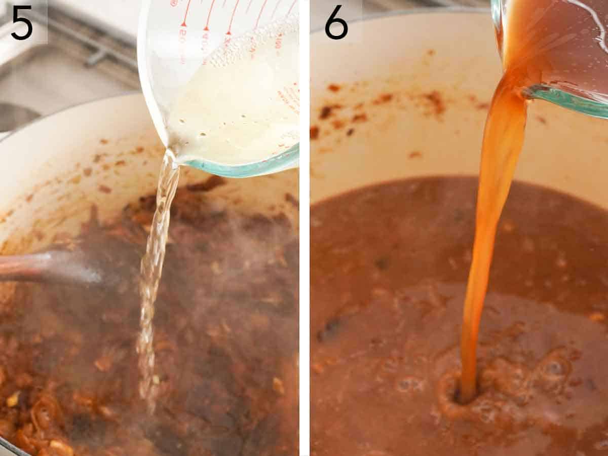 Set of two photos showing wine and beef broth added to the onions.