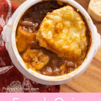 Pinterest graphic of an overhead view of a bowl of French onion soup showing the soup and cheesy topping.