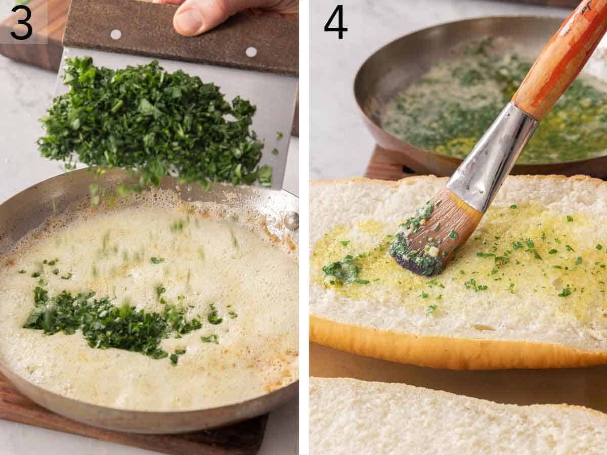 Set of two photos showing parsley added to the butter mixture then brushed on the cut bread.