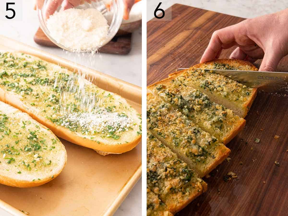 Set of two photos showing parmesan cheese added to the bread then baked and sliced.