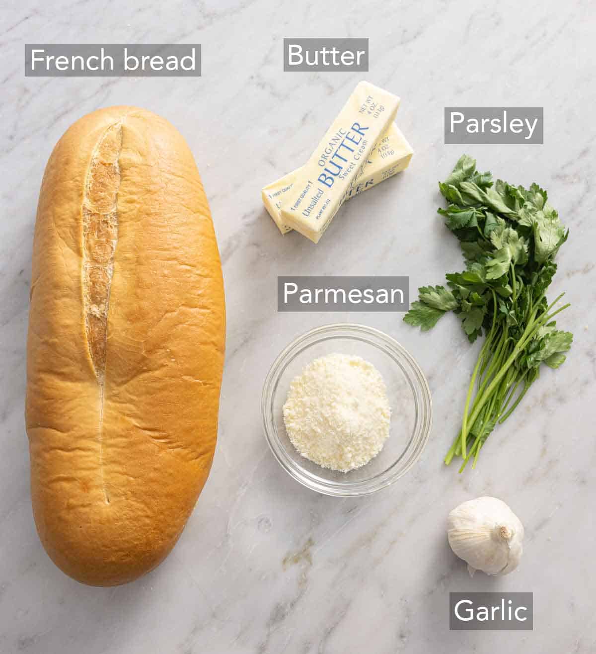 Ingredients needed to make garlic bread.
