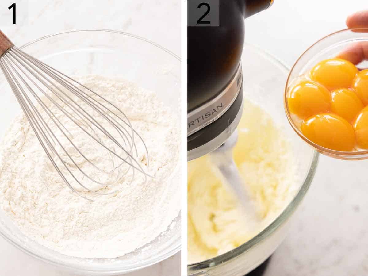 Set of two photos showing dry ingredients being whisked and eggs added to a mixer.