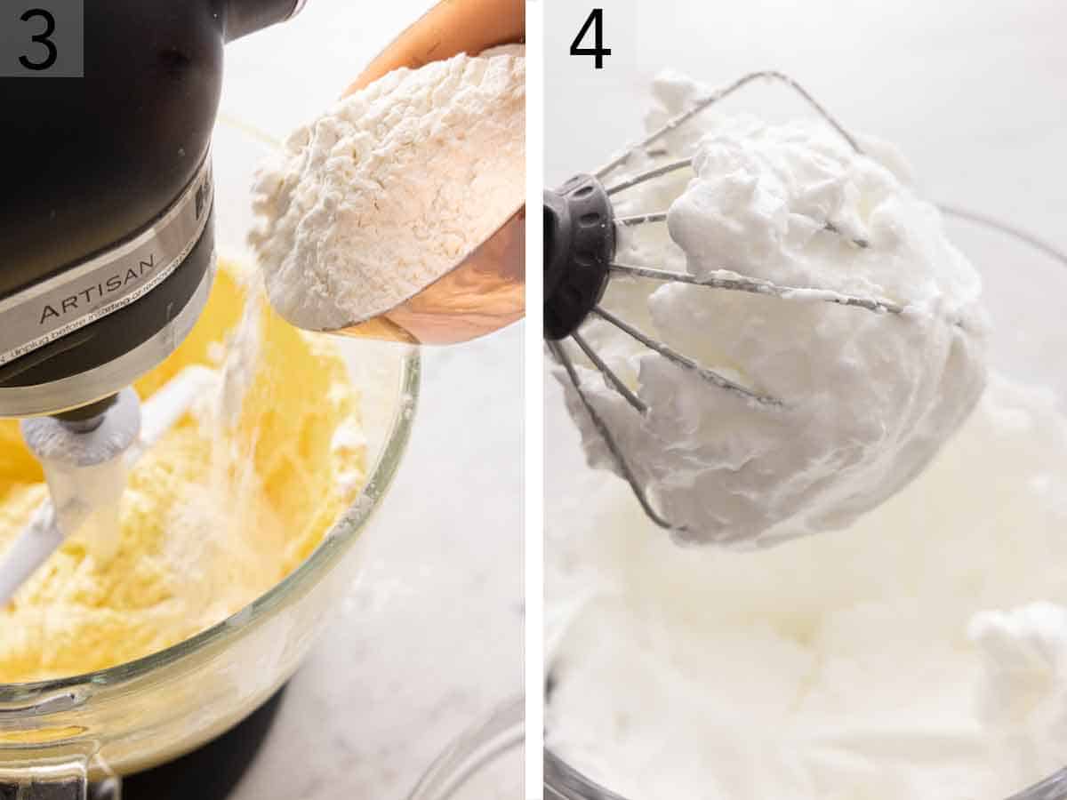 Set of two photos showing flour added to the mixer and egg whites beaten.