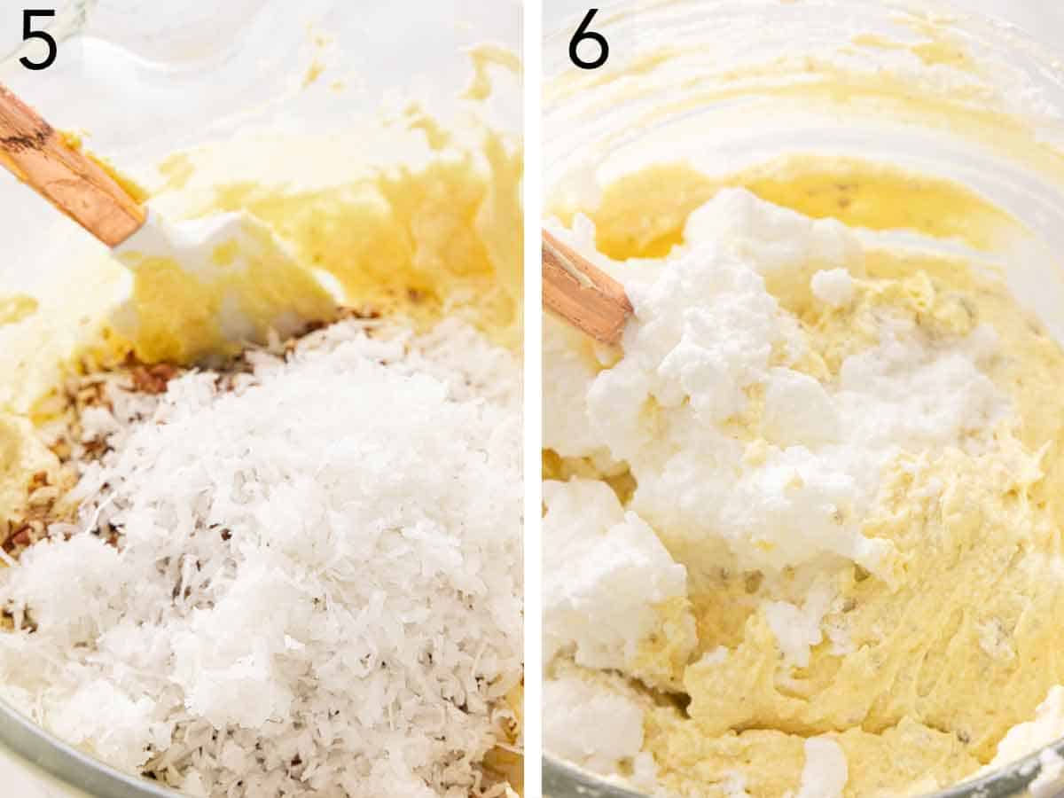 Set of two photos showing coconut then egg whites added to the batter.