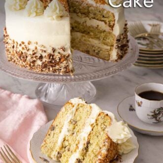 Pinterest graphic of a slice of Italian cream cake in front of the cake.