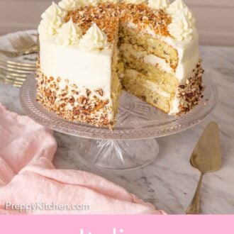 Pinterest graphic showing a cake stand with an Italian cream cake on it with a slice cut.