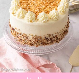 Pinterest graphic of an Italian cream cake on a clear cake stand.