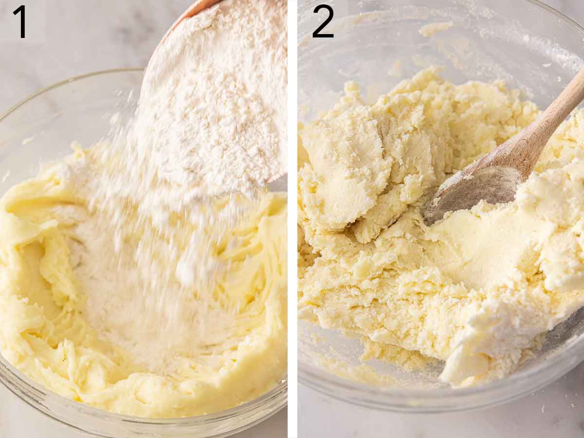 Set of two photos showing flour added to mashed potatoes and mixed.