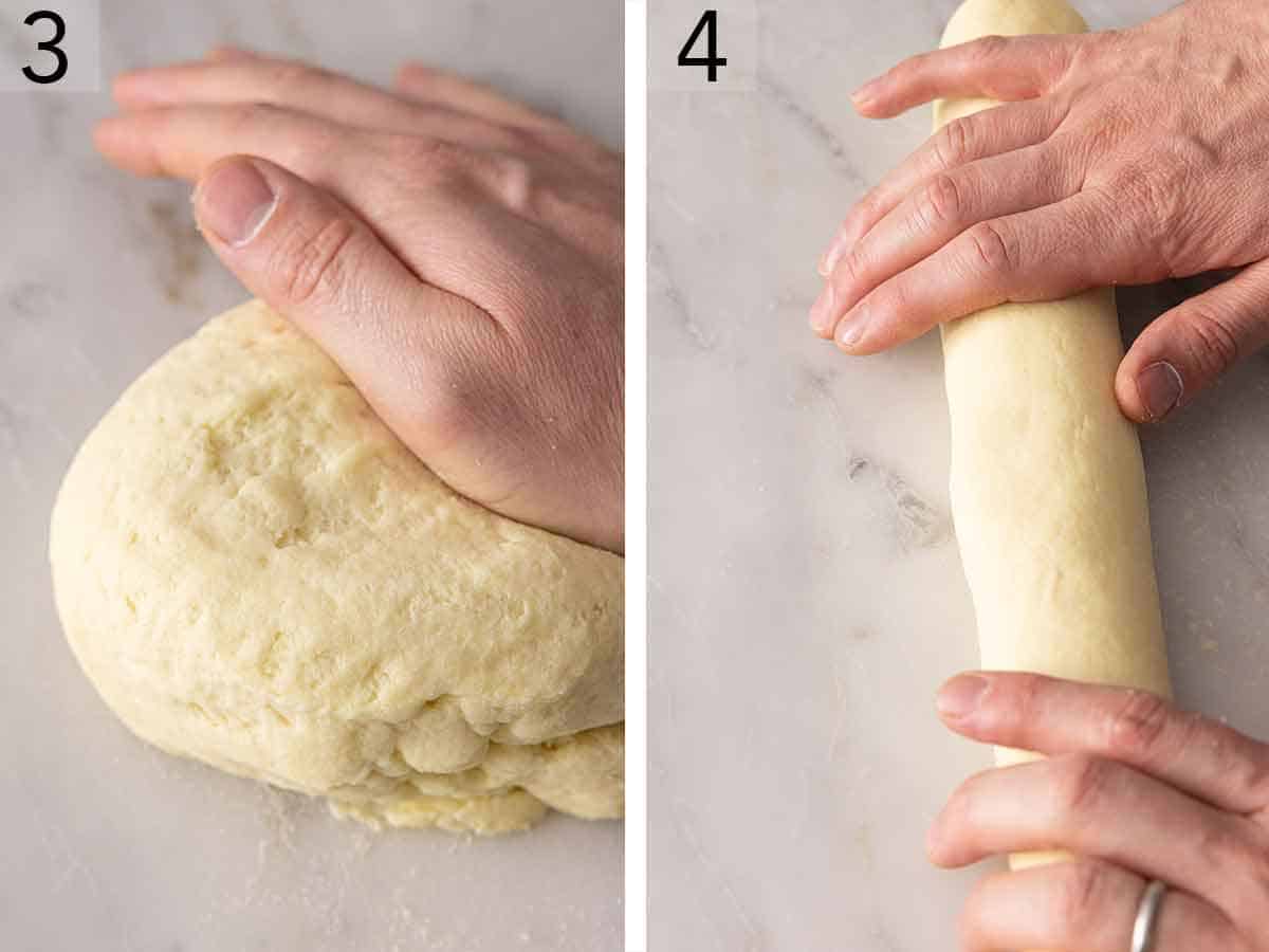 Set of two photos showing the dough kneaded and then rolled into a log.