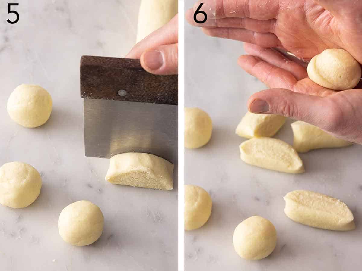 Set of two photos showing dough cut and rolled into balls.