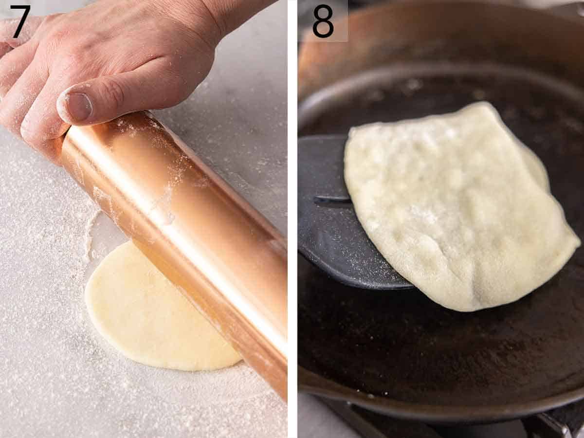 Set of two photos showing dough ball rolled flat and added to a pan.