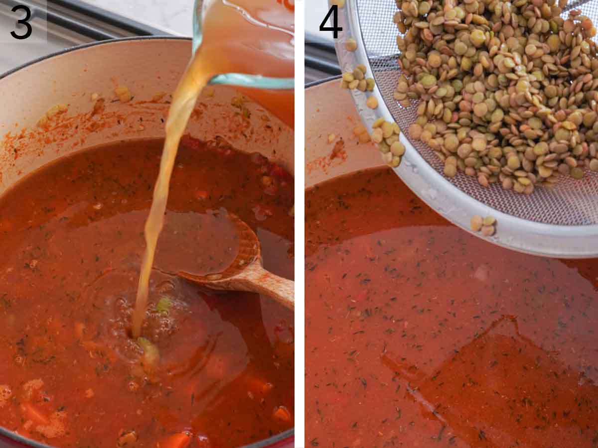 Set of two photos showing broth and lentils added to a pot.