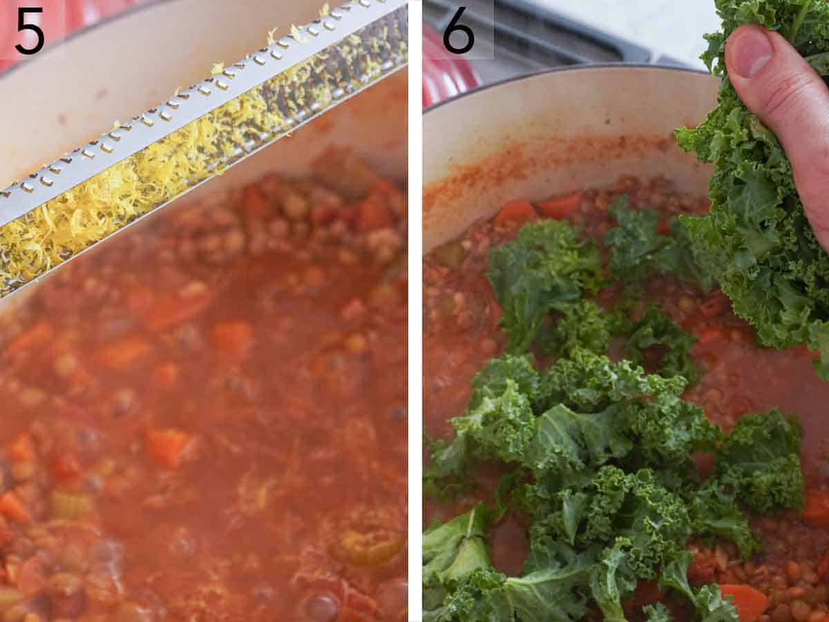 Set of two photos showing zest and kale added to the pot.