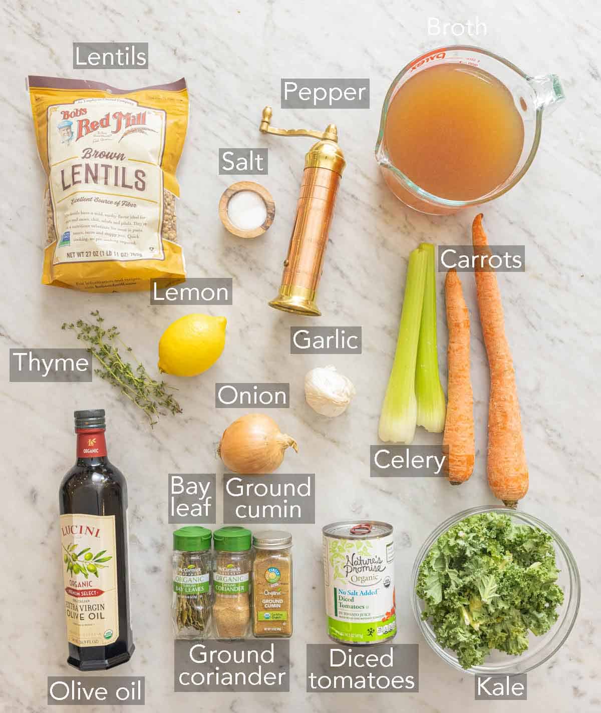 Ingredients needed to make lentil soup.