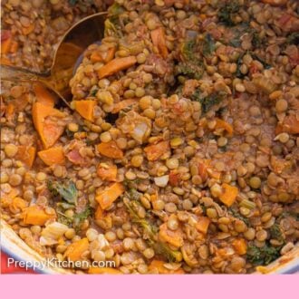 Pinterest graphic of a large pot with lentil soup and a ladle inserted.
