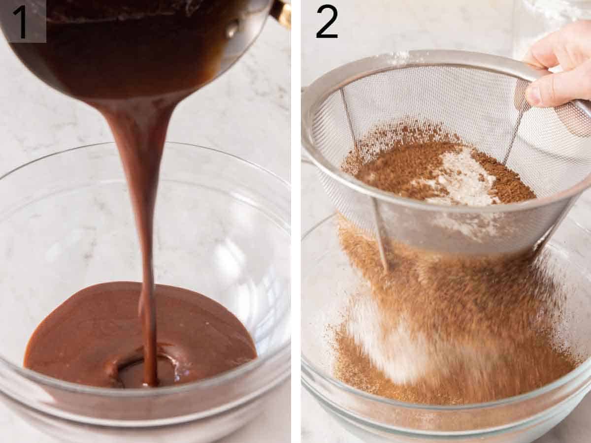 Set of two photos showing melted chocolate added to a bowl and dry ingredients sifted.