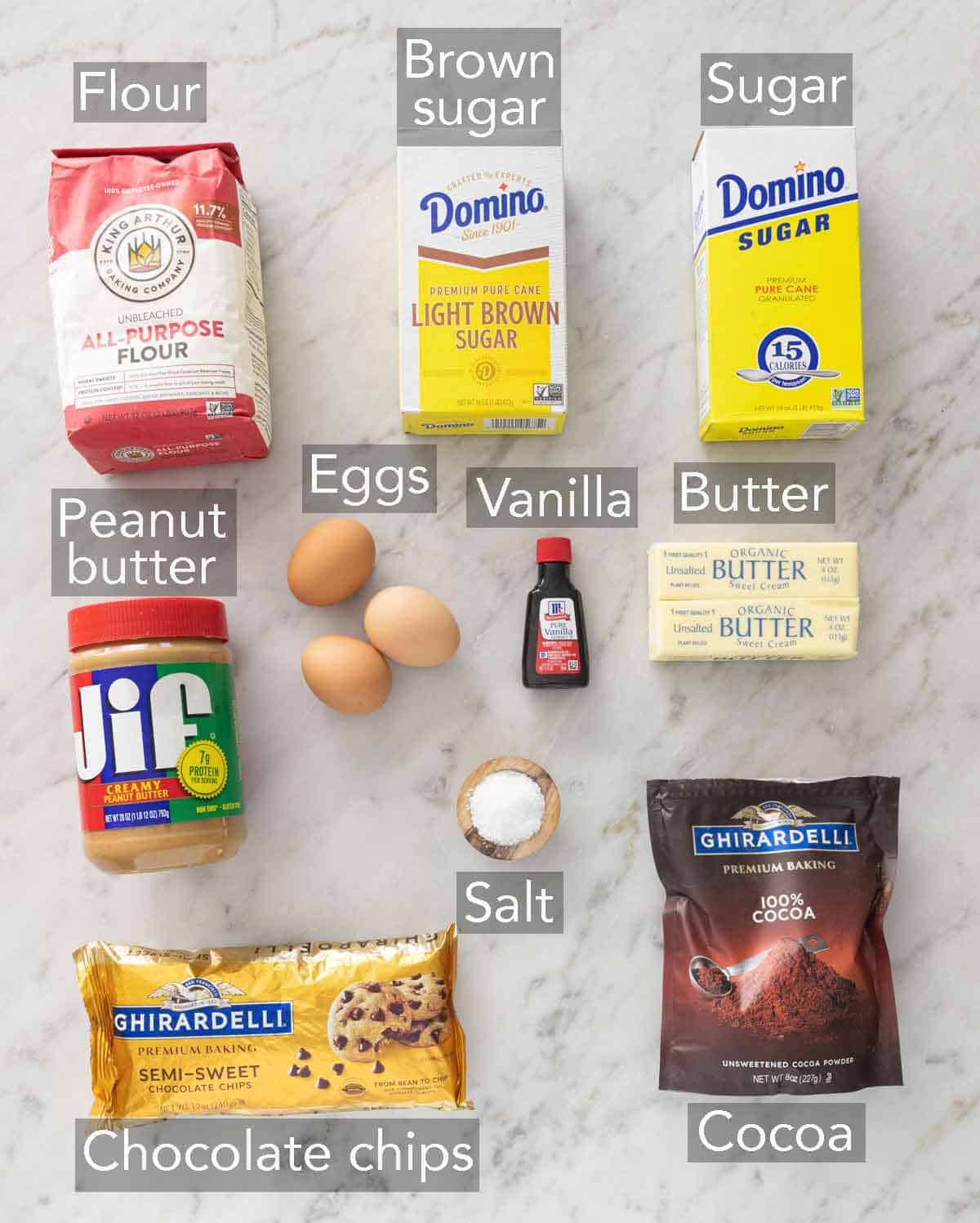 Ingredients needed to make peanut butter brownies.